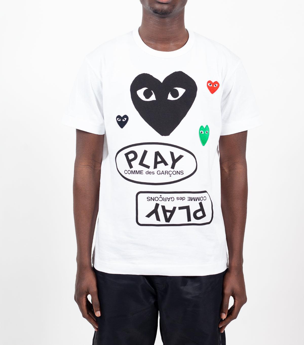 CdG PLAY White Multi Logo T-Shirt Black Heart | SOMEWHERE