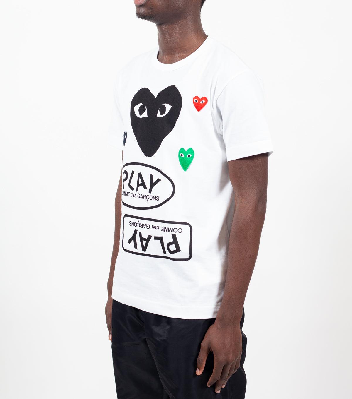 CdG PLAY White Multi Logo T-Shirt Black Heart | SOMEWHERE