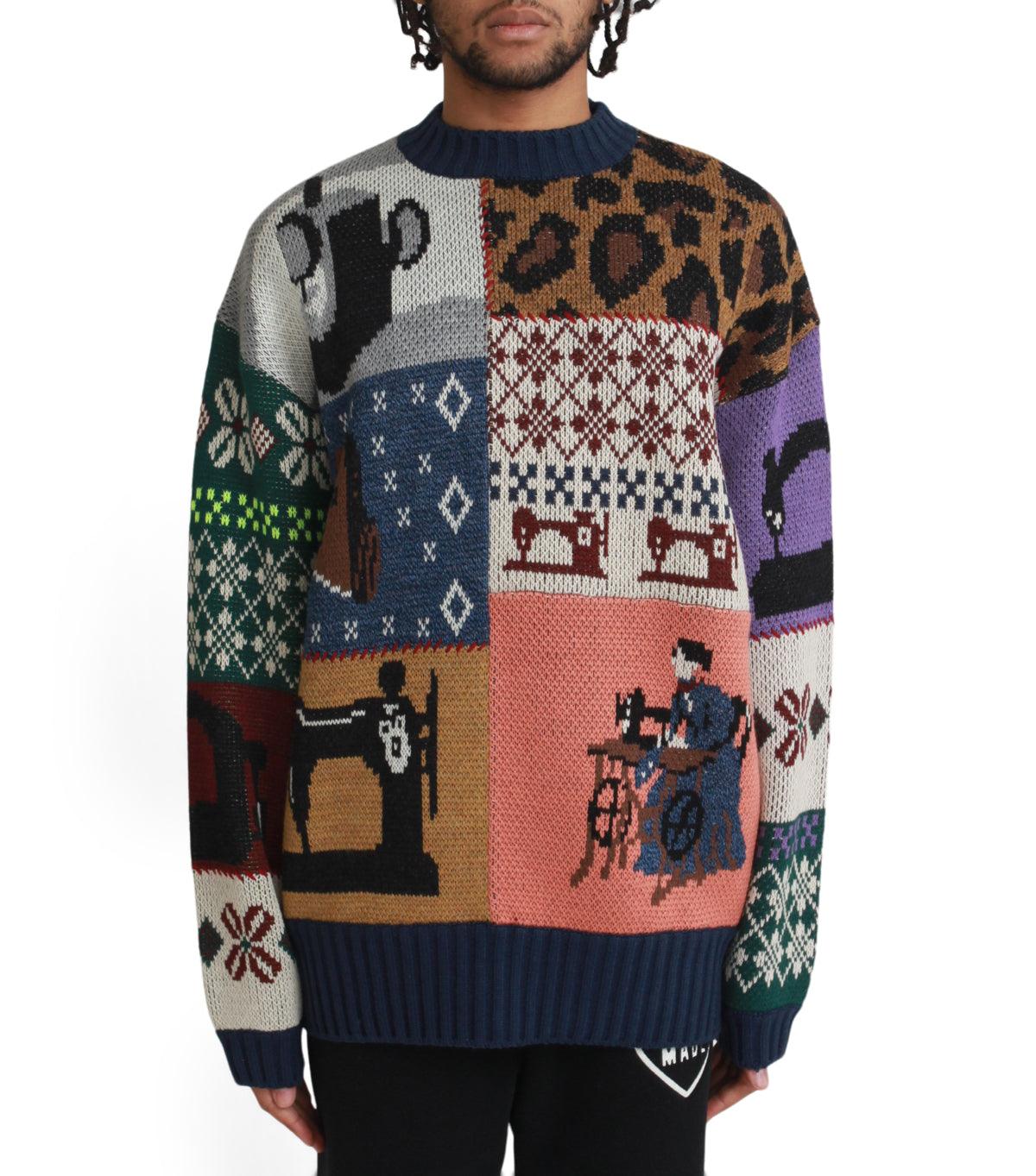 Kapital 5G Wool Kurogane Mishin Patchwork Crew Sweater Navy | SOMEWHERE