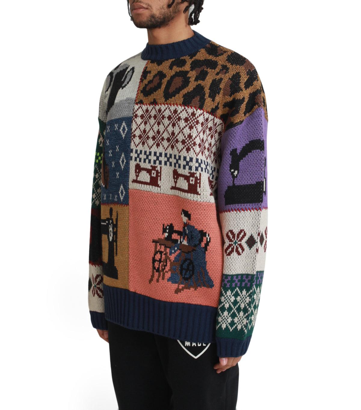 Kapital 5G Wool Kurogane Mishin Patchwork Crew Sweater Navy | SOMEWHERE
