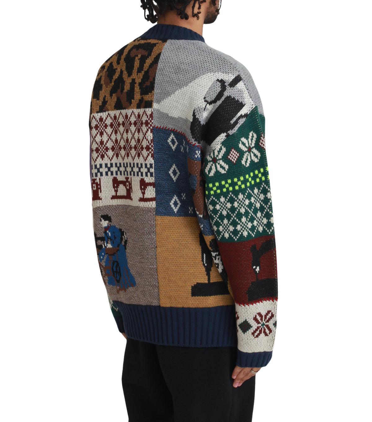 Kapital 5G Wool Kurogane Mishin Patchwork Crew Sweater Navy | SOMEWHERE