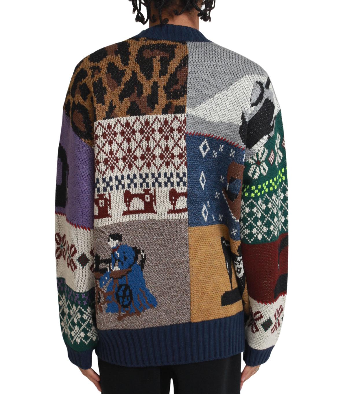 Kapital 5G Wool Kurogane Mishin Patchwork Crew Sweater Navy | SOMEWHERE