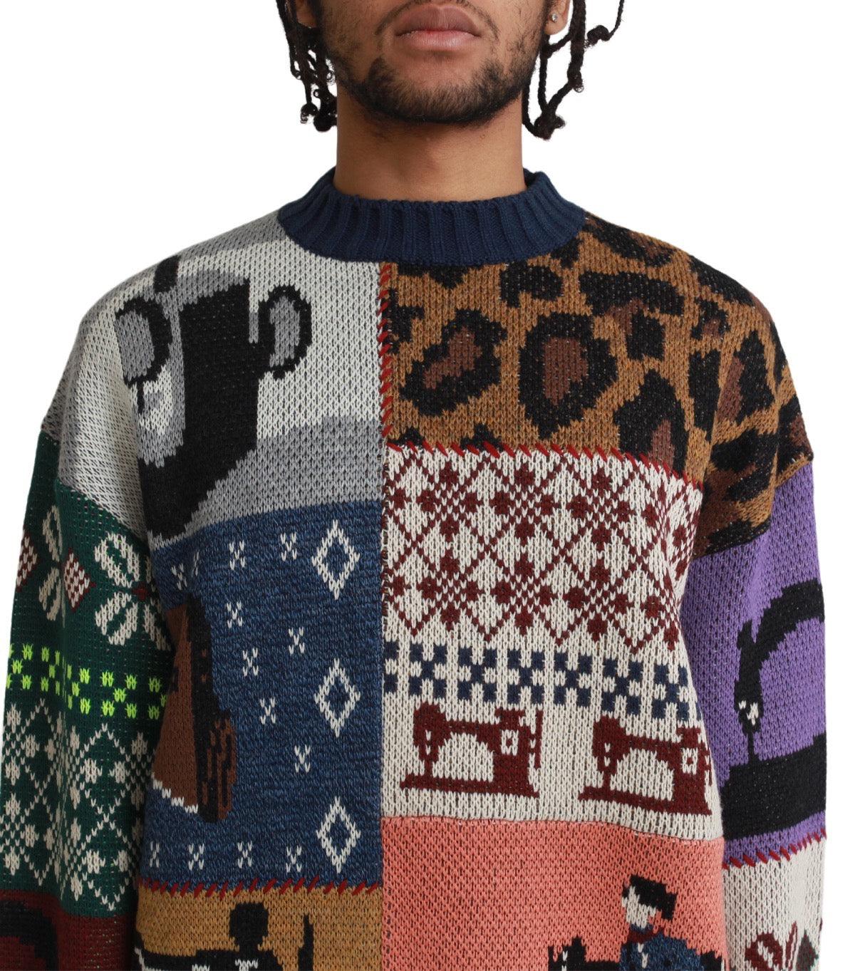 Kapital 5G Wool Kurogane Mishin Patchwork Crew Sweater Navy | SOMEWHERE