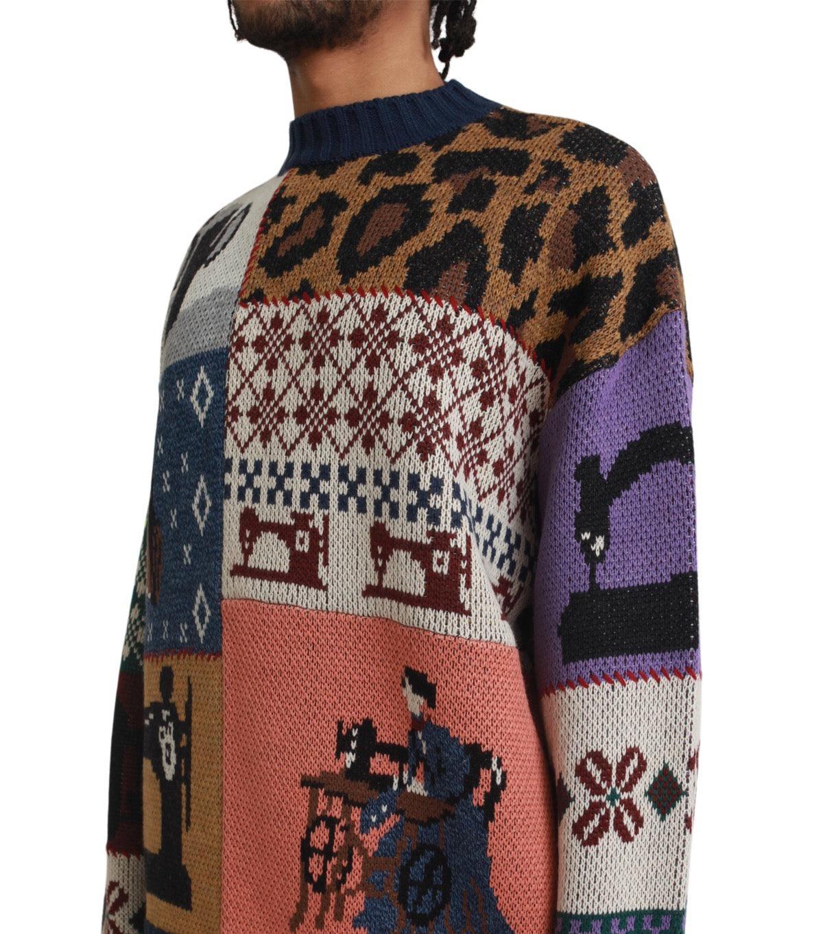 Kapital 5G Wool Kurogane Mishin Patchwork Crew Sweater Navy | SOMEWHERE