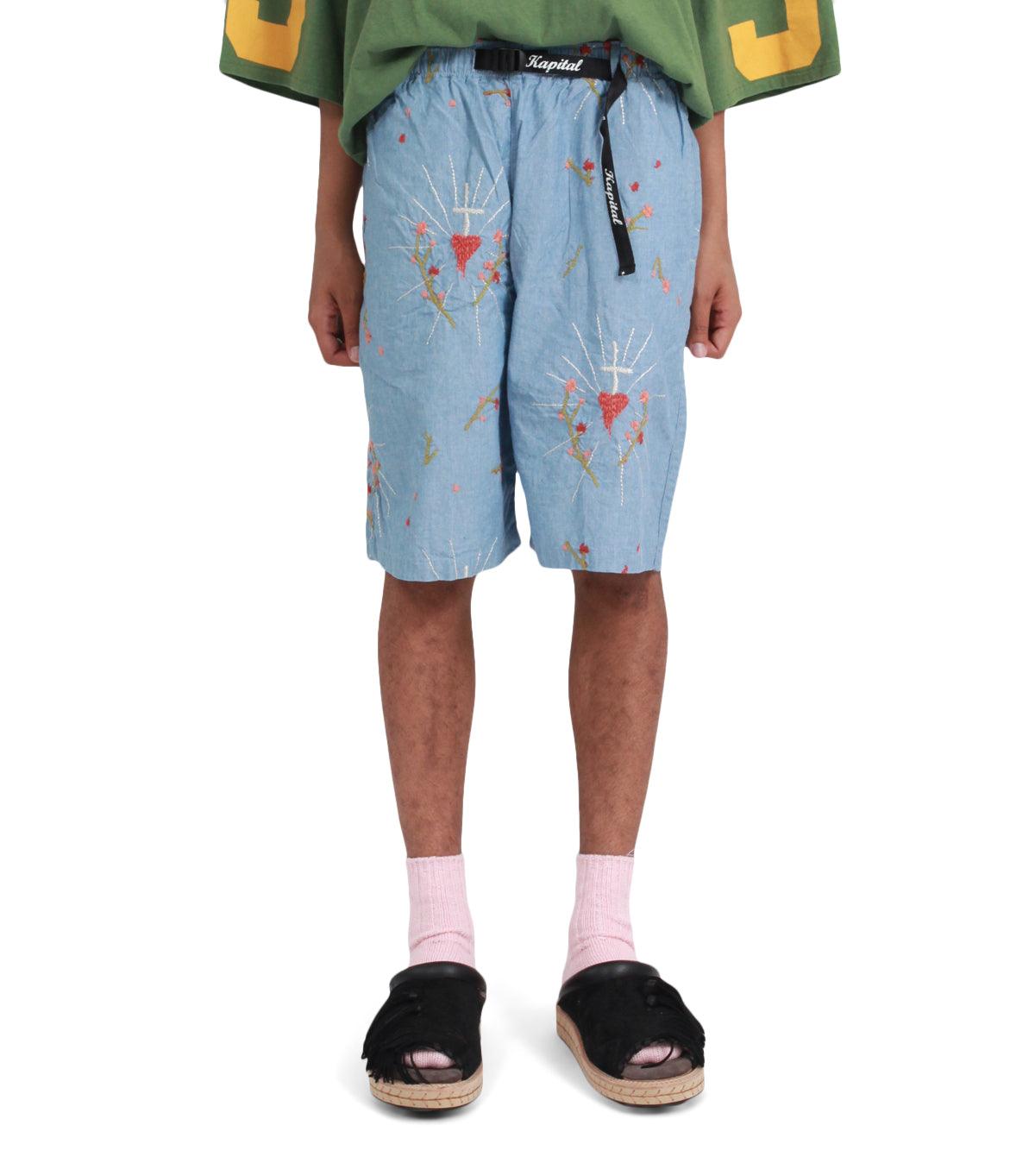 Kapital Chambray Corazon Embroidery Easy Shorts Sax | SOMEWHERE