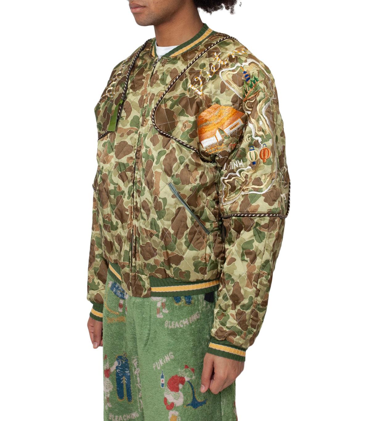 Kapital Rayon Satin Quilting Camo Sham Bomber Jacket (Beautiful Vietnam) Khaki | SOMEWHERE