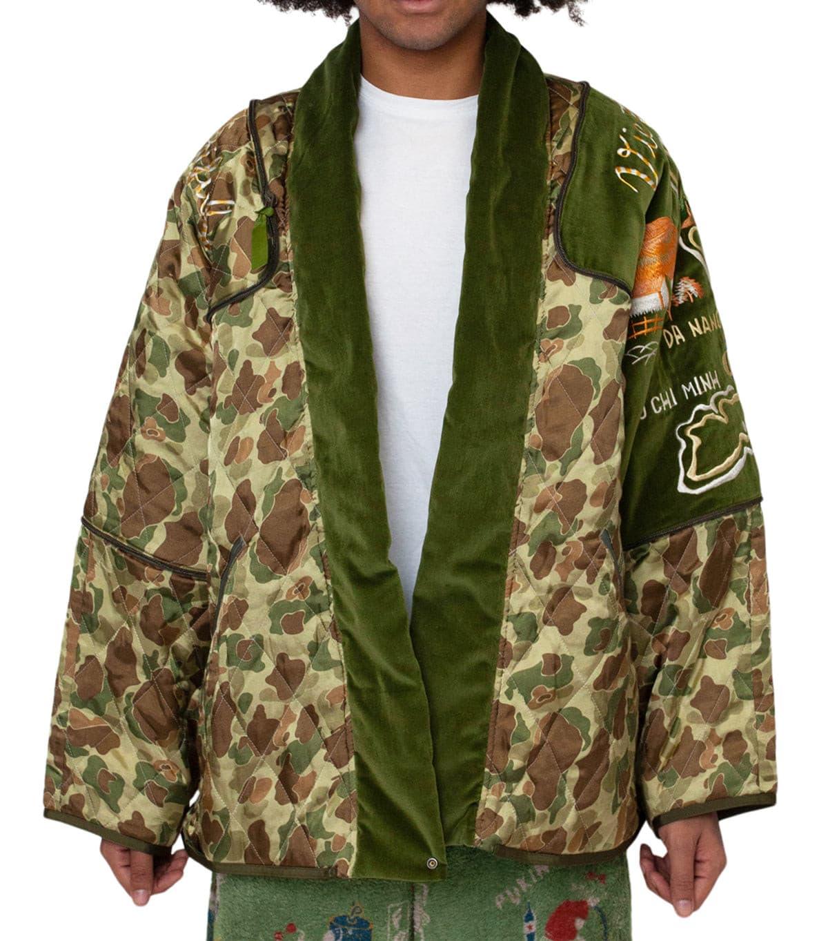 Kapital Rayon Satin Quilting Camo Kesa Sham Bomber Jacket (Beautiful Vietnam) Khaki | SOMEWHERE