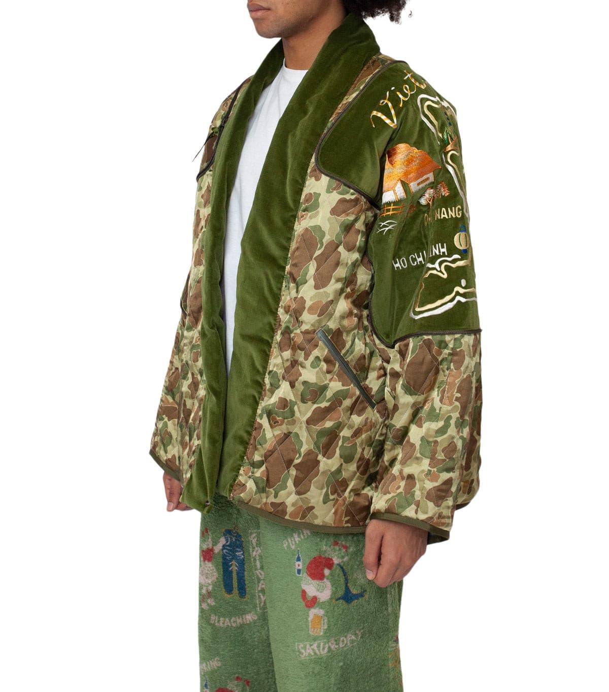 Kapital Rayon Satin Quilting Camo Kesa Sham Bomber Jacket (Beautiful Vietnam) Khaki | SOMEWHERE