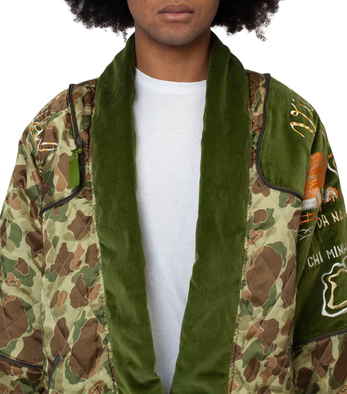 Kapital Rayon Satin Quilting Camo Kesa Sham Bomber Jacket (Beautiful Vietnam) Khaki | SOMEWHERE