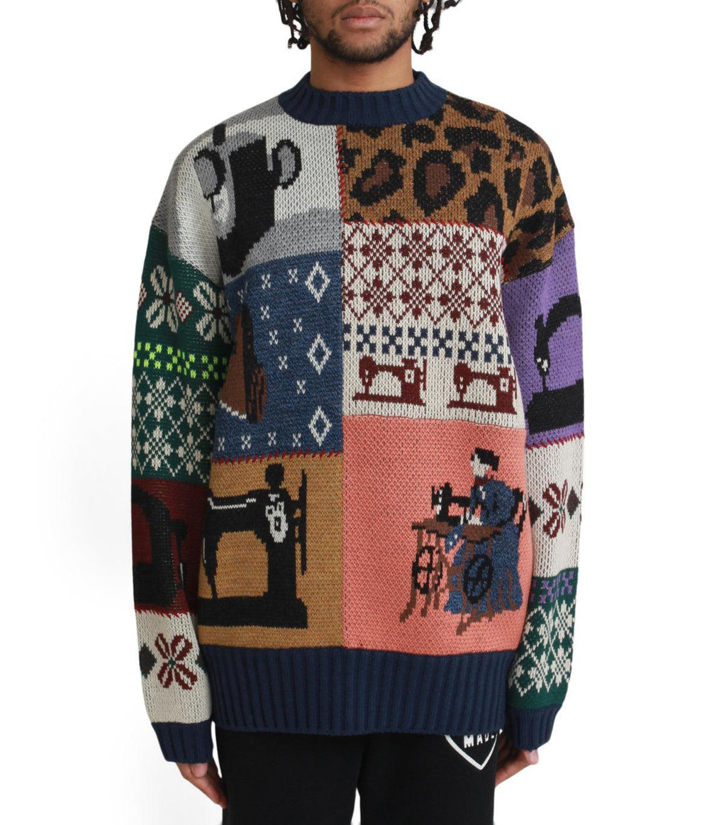 Kapital 5G Wool Kurogane Mishin Patchwork Crew Sweater Navy | SOMEWHERE