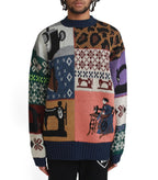 Kapital 5G Wool Kurogane Mishin Patchwork Crew Sweater Navy | SOMEWHERE
