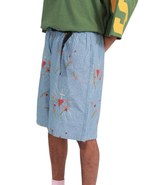 Kapital Chambray Corazon Embroidery Easy Shorts Sax | SOMEWHERE