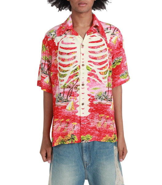 Kapital Rayon Kamehameha Bone Wrangle Collar Aloha Red