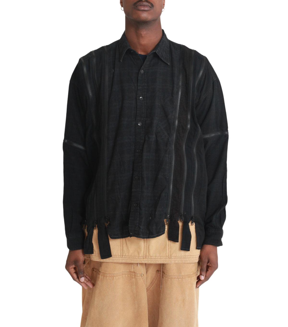 Needles Flannel Shirt 7 Cuts Zipped Wide Shirt Over Dye Black | SOMEWHERE