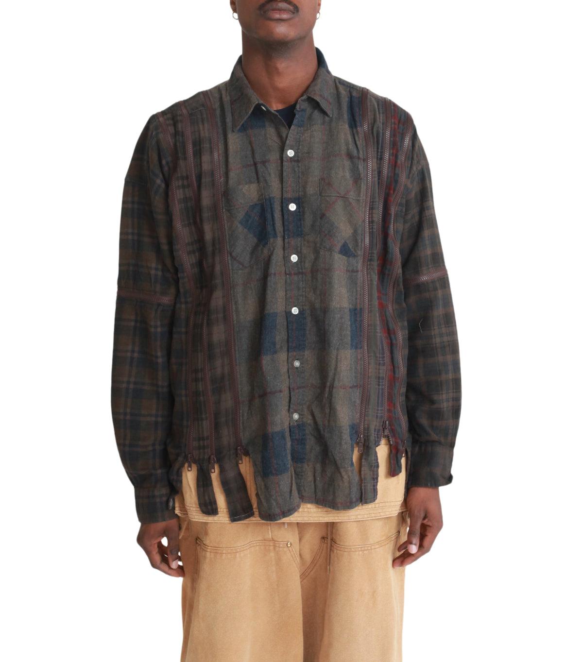 Needles Flannel Shirt 7 Cuts Zipped Wide Shirt Over Dye Brown