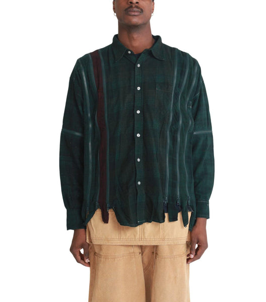 Needles Flannel Shirt 7 Cuts Zipped Wide Shirt Over Dye Green