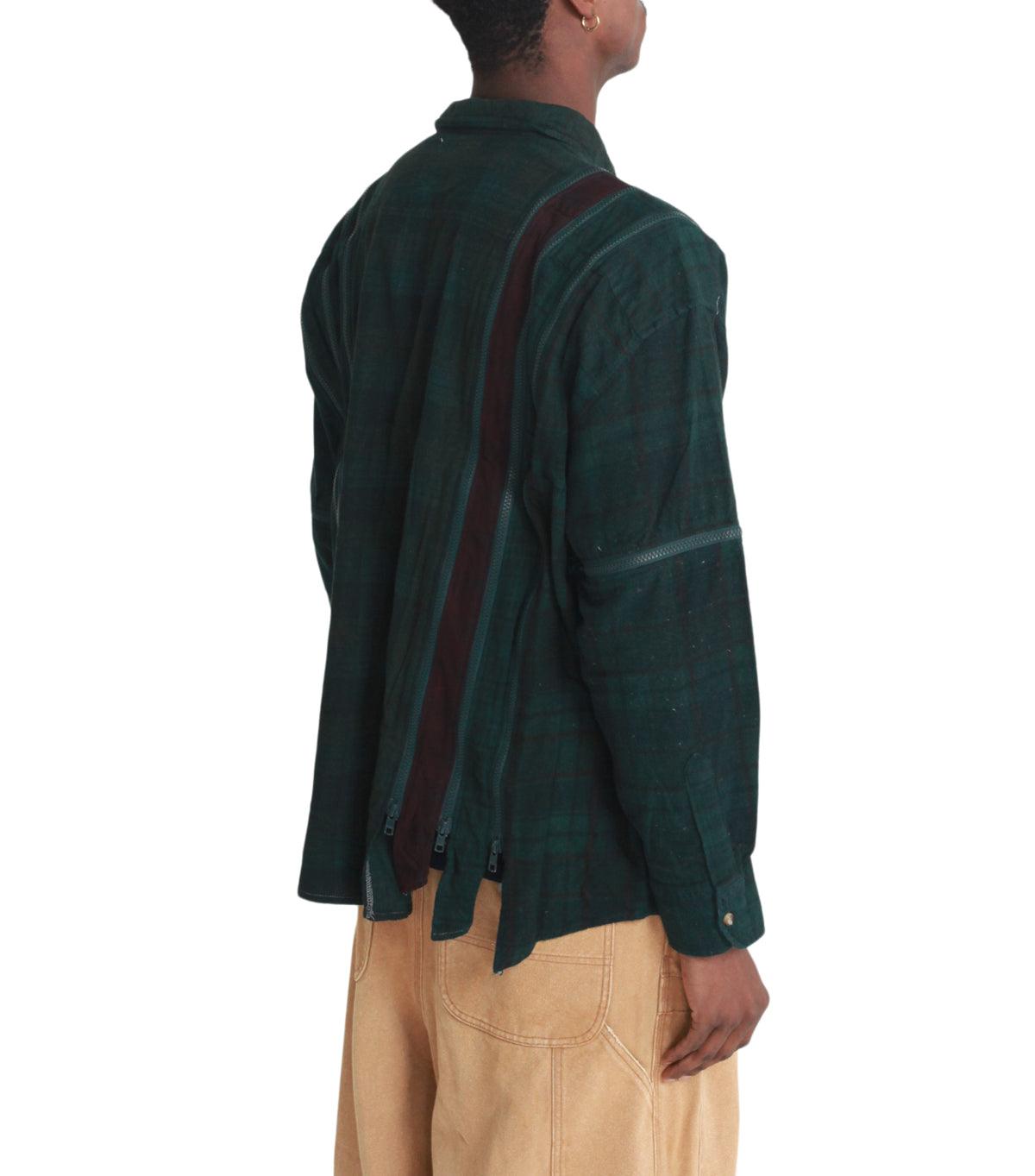 Needles Flannel Shirt 7 Cuts Zipped Wide Shirt Over Dye Green | SOMEWHERE