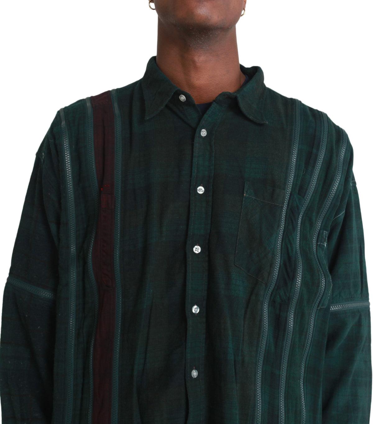 Needles Flannel Shirt 7 Cuts Zipped Wide Shirt Over Dye Green | SOMEWHERE