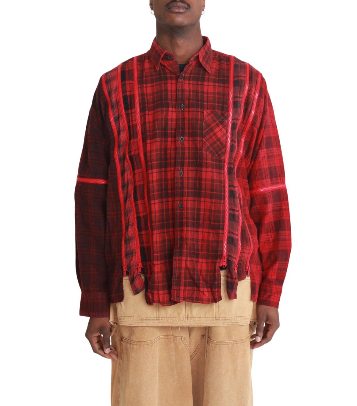 Needles Flannel Shirt 7 Cuts Zipped Wide Shirt Over Dye Red | SOMEWHERE
