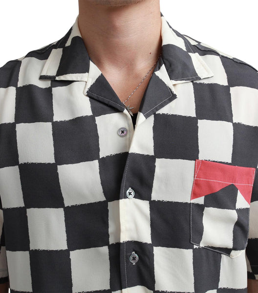 Rhude Silk Printed Broken Checker Shirt Ivory Black | SOMEWHERE