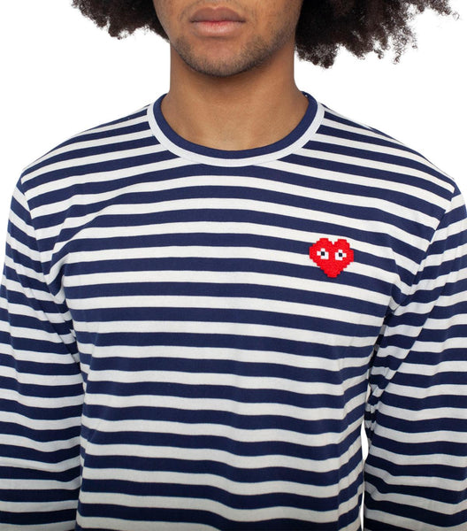 CdG PLAY Invader Striped Long Sleeve T-Shirt Navy | SOMEWHERE
