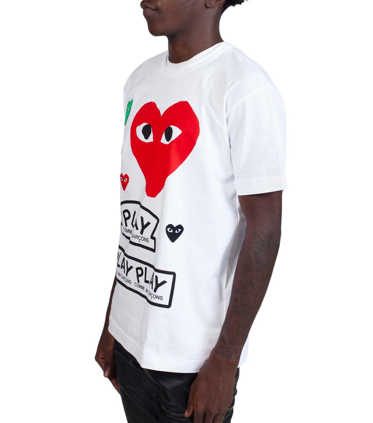 CdG PLAY White Multi Logo T-Shirt Red Heart | SOMEWHERE