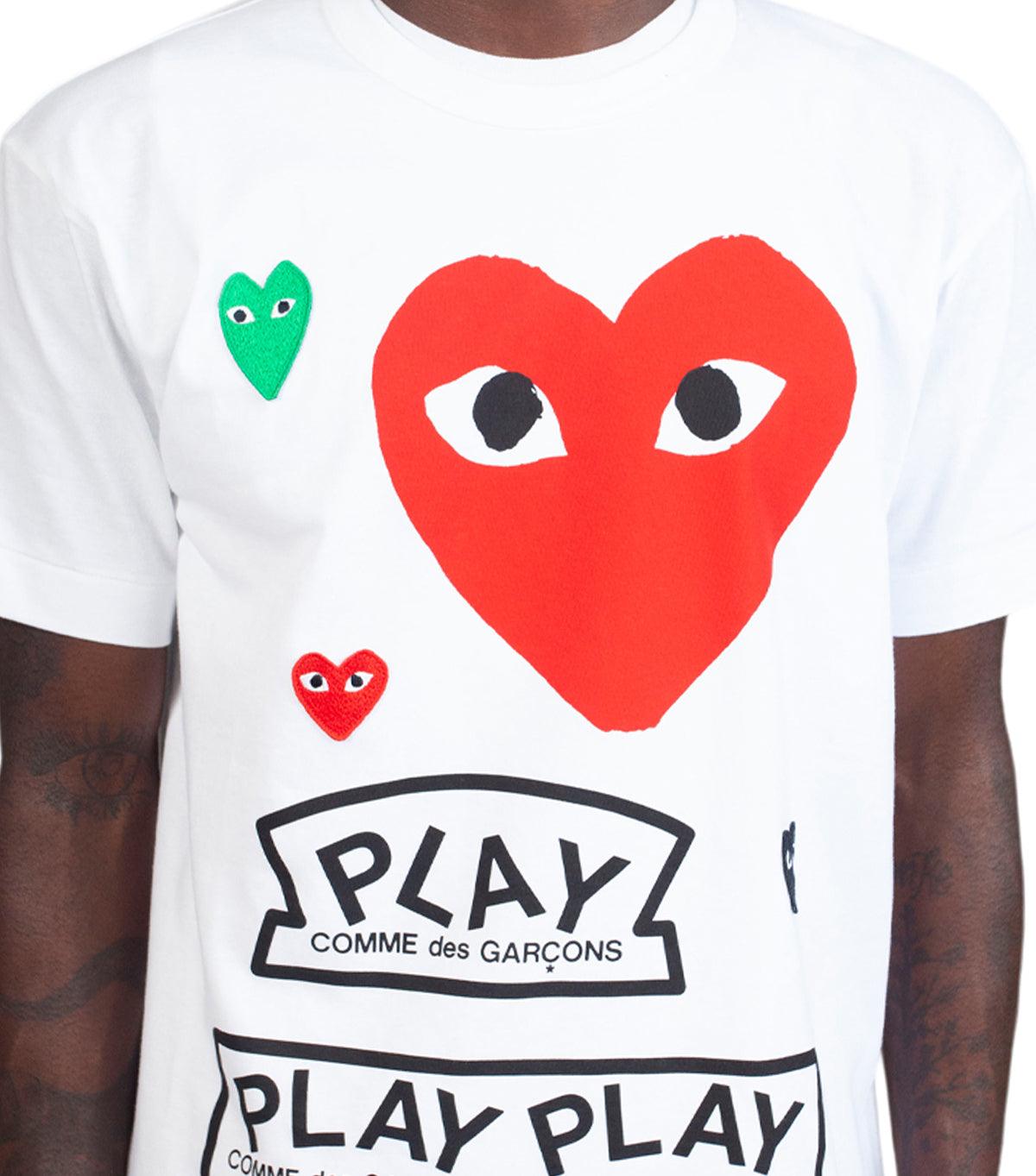 CdG PLAY White Multi Logo T-Shirt Red Heart | SOMEWHERE