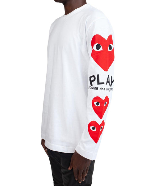CdG PLAY White Play Logo Long Sleeve T-Shirt Red Heart | SOMEWHERE