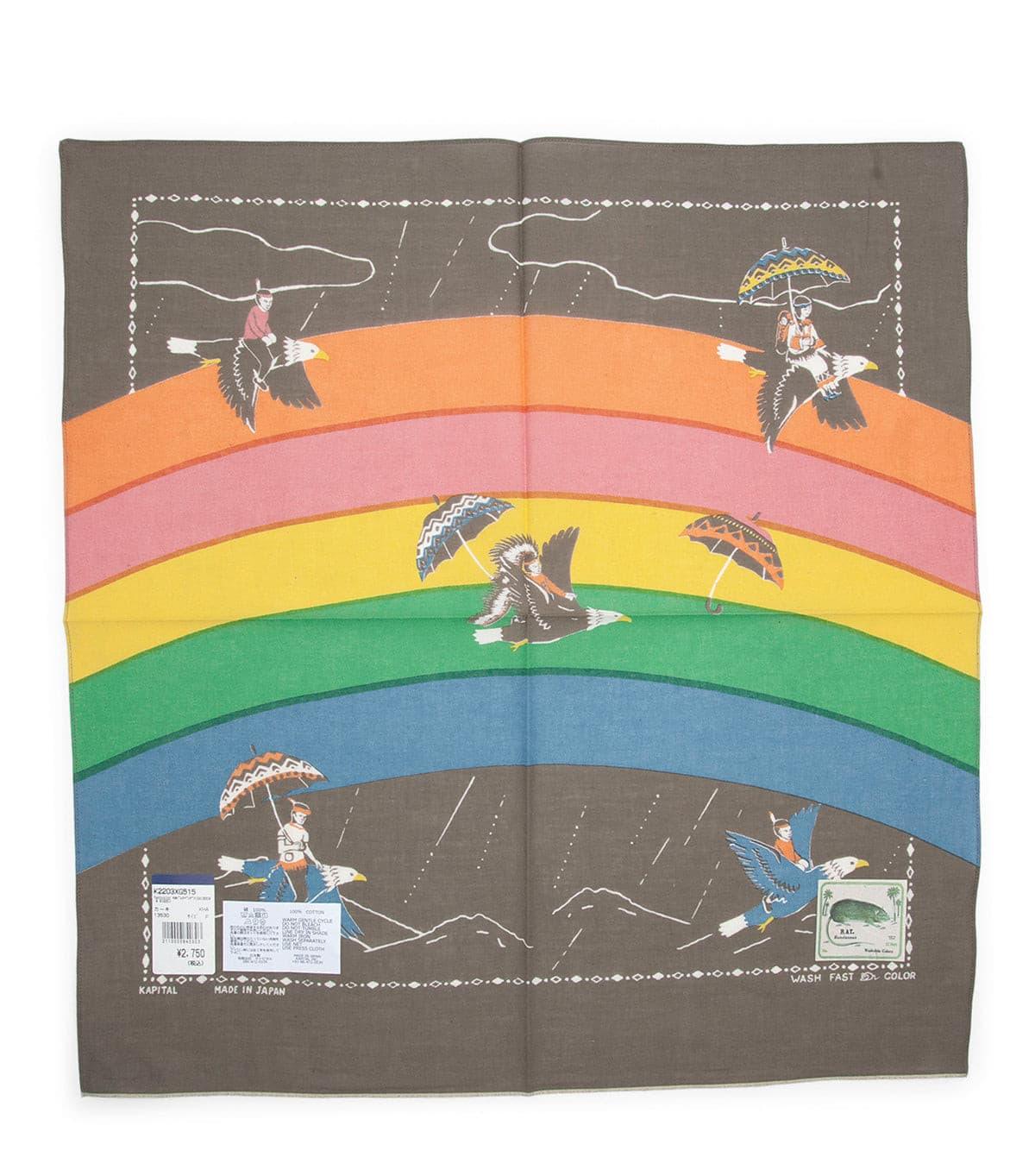 Kapital Fastcolor Selvedge Rainbow & Birds Bandana Khaki | SOMEWHERE